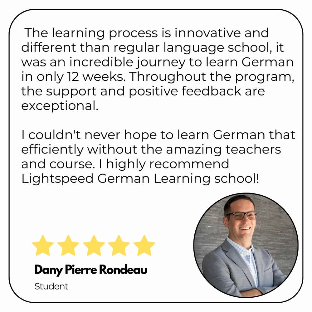Written testimonial card from a Lightspeed German Learning student.
