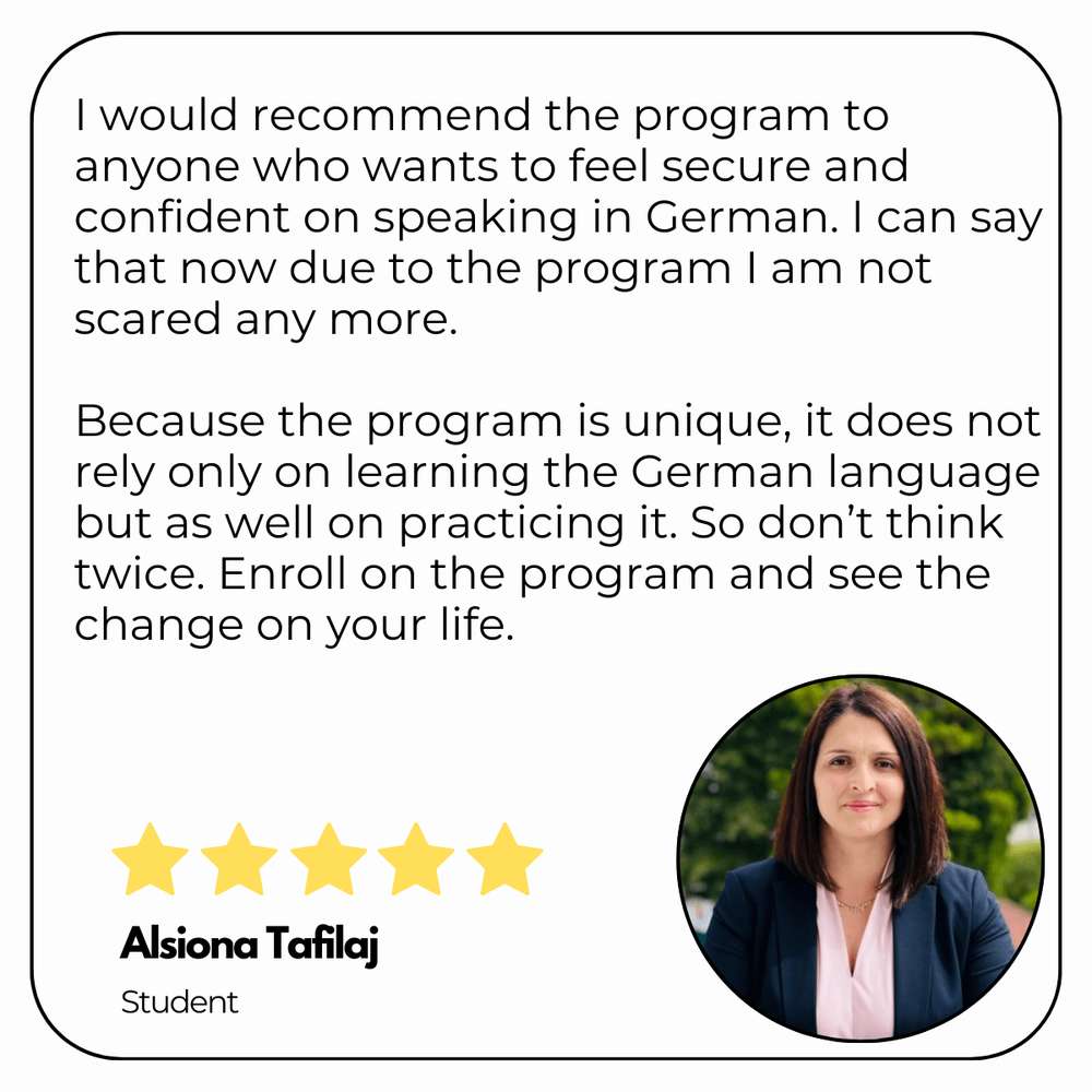 Written testimonial card from a Lightspeed German Learning student.