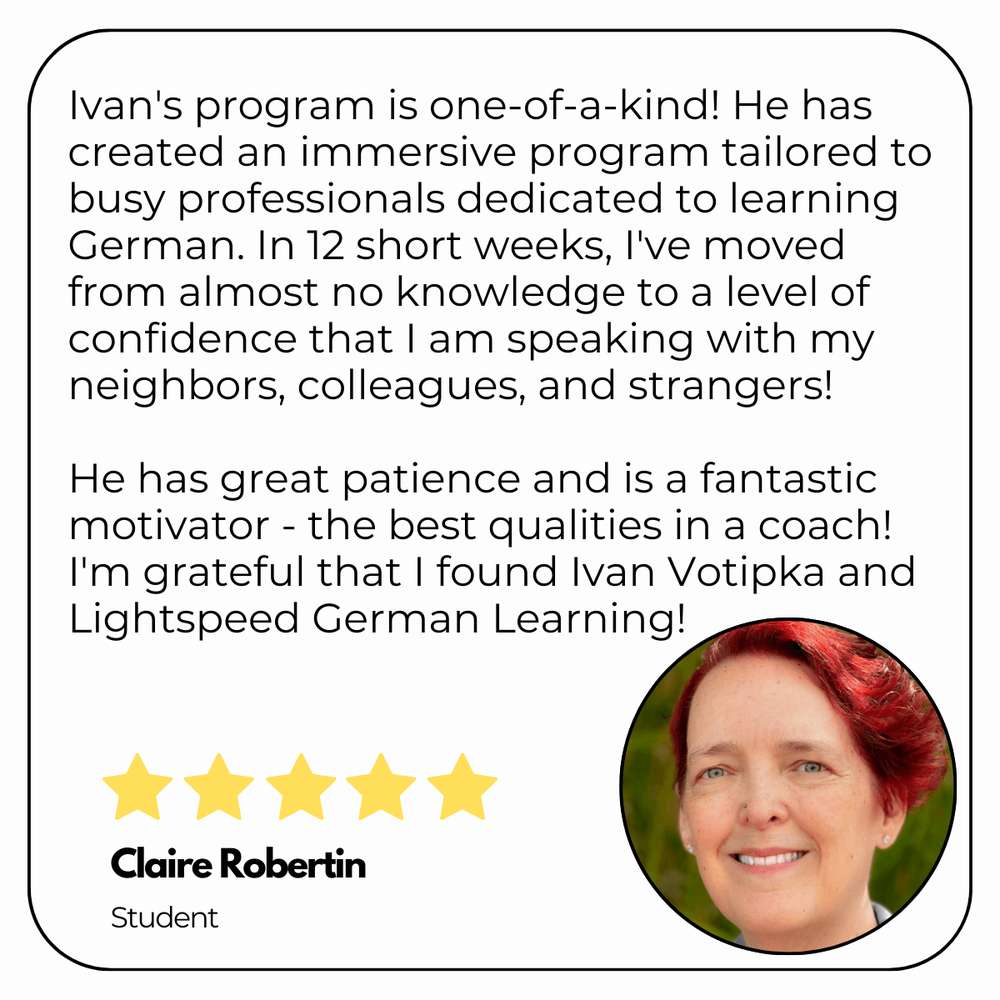 Written testimonial card from a Lightspeed German Learning student.