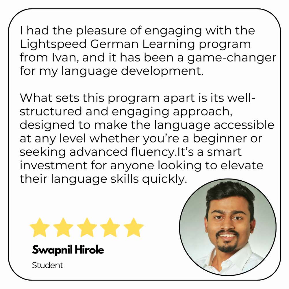 Written testimonial card from a Lightspeed German Learning student.