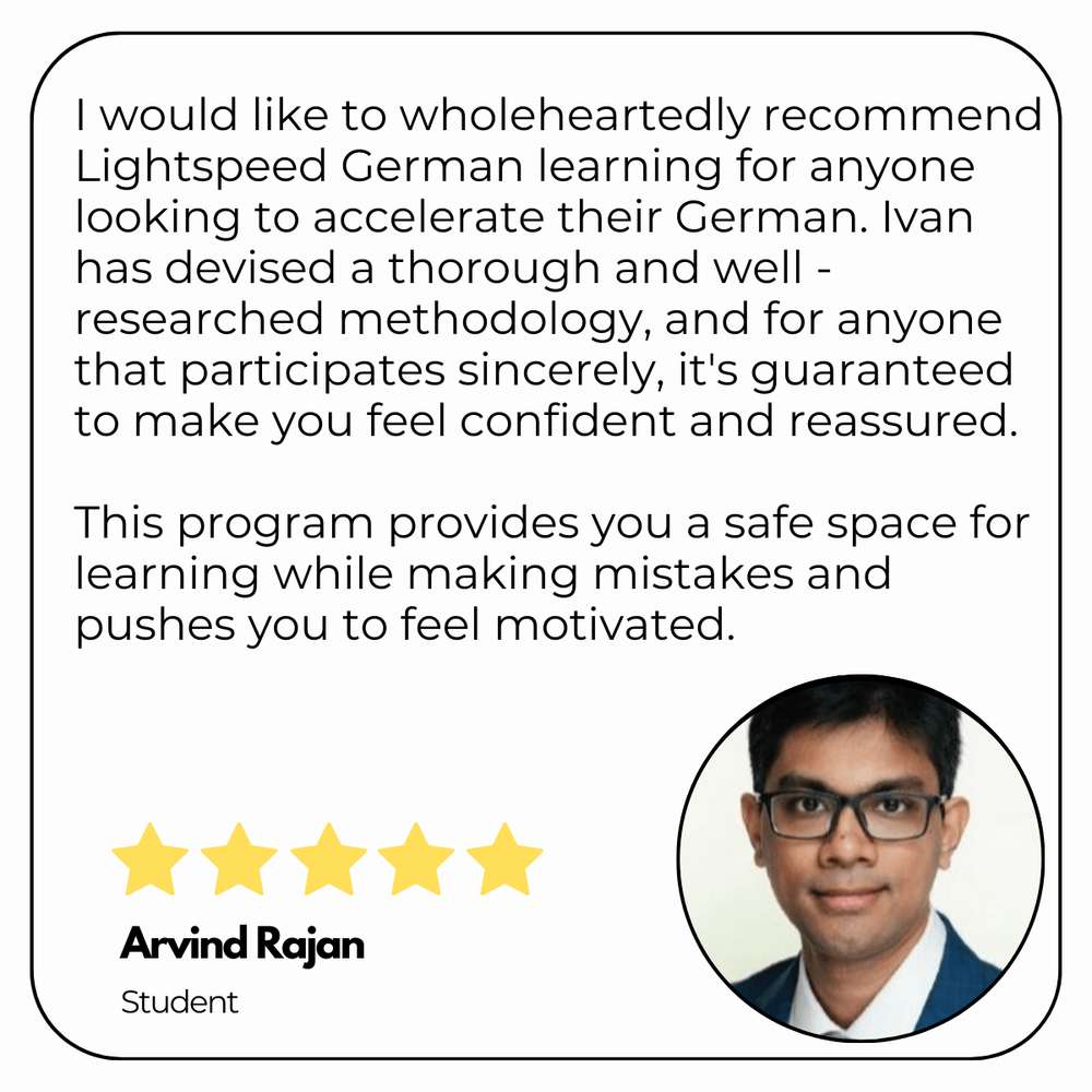 Written testimonial card from a Lightspeed German Learning student.